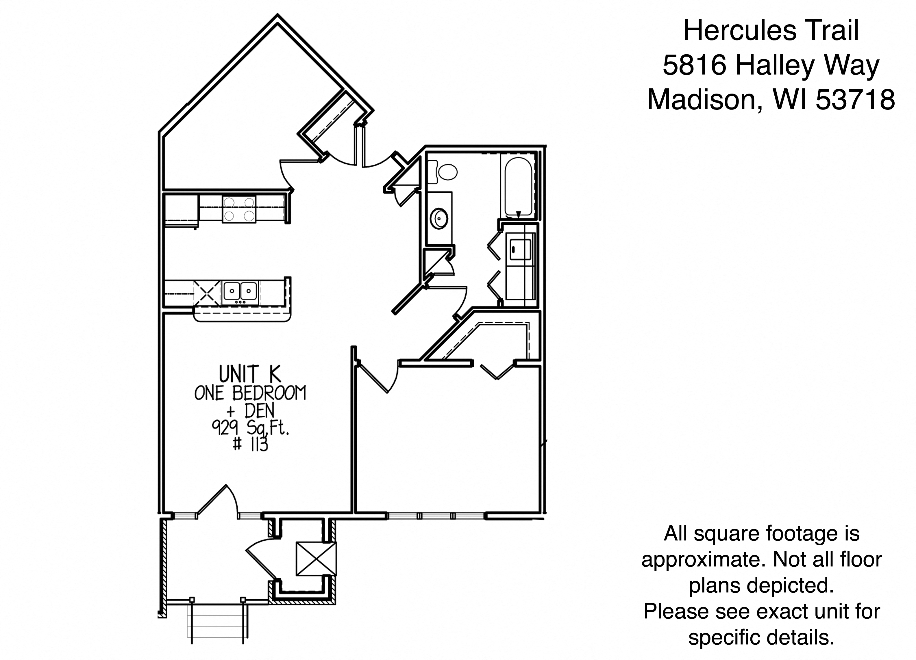 Floor plan for 1 bed, 1 bath, 929 sqft